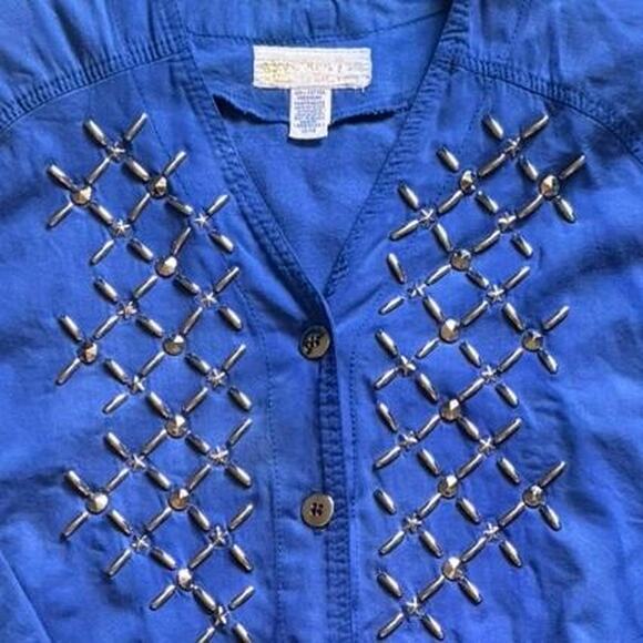 80's Blue button up shirt and pant set with unique details (size 13/140 - Picture 5 of 5